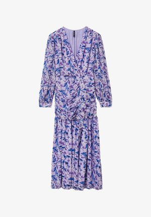 Abito floreale viola con maniche a sbuffo lunghe, scollatura a V e vita arricciata. Presenta motivi di foglie blu e lavanda su tessuto leggero.
