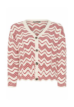 Strickjacke in Creme und Rot mit wellenförmigem Streifenmuster, V-Ausschnitt, langen Ärmeln und vier großen runden Knöpfen auf der Vorderseite.