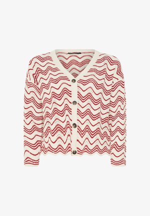 Strickjacke in Creme und Rot mit wellenförmigem Streifenmuster, V-Ausschnitt, langen Ärmeln und vier großen runden Knöpfen auf der Vorderseite.