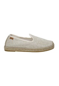 Pantofole espadrille beige con tomaia in tessuto testurizzato, punta rotonda e suola in juta intrecciata. Presentano una fodera imbottita e un piccolo tag con logo.