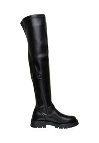 Bota de cuero negra hasta la rodilla con cremallera lateral, suela gruesa y punta redonda, diseñada para un estilo robusto y durabilidad.