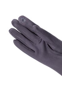 Guanto in suede grigio con una consistenza liscia, tre dita allungate e una vestibilità aderente. Presenta un piccolo accento circolare sulla punta delle dita.