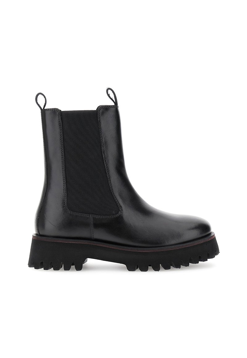 Schwarze Leder-Ankle Boots mit elastischen Seiteneinsätzen, einer klobigen strukturierten Sohle und Zuglaschen für einen leichten Einstieg. Einfaches, elegantes Design.
