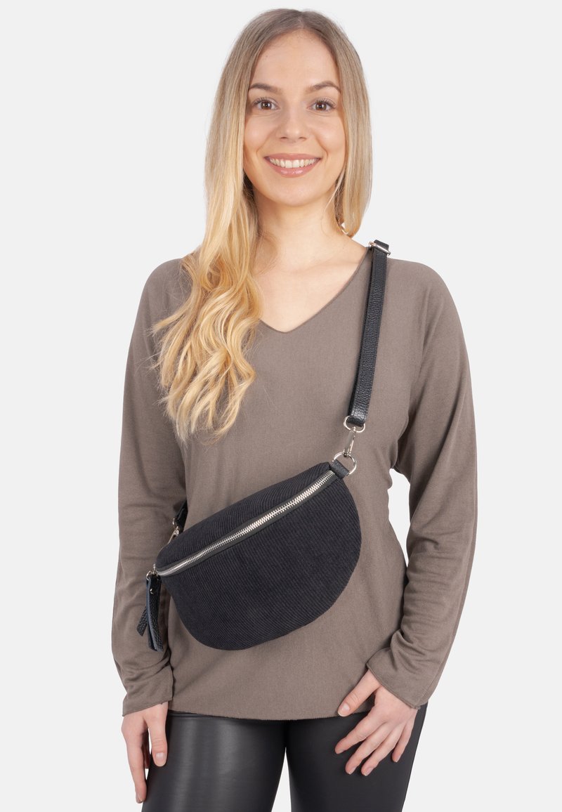 Sac en velours côtelé noir en forme courbée, fermeture à glissière argentée et sangle texturée ; porté sur une chemise grise à manches longues.