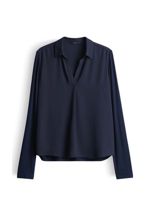 Marineblauwe blouse met lange mouwen, een V-hals en een ontspannen pasvorm. Gemaakt van een soepele, lichte stof met een subtiele drapering.