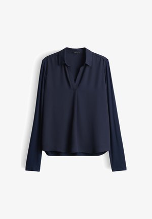 Marineblaue Bluse mit langen Ärmeln, V-Ausschnitt und lässiger Passform. Hergestellt aus einem glatten, leichten Stoff mit einem dezent drapierten Design.