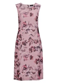 Robe sans manches arrivant au genou avec un imprimé floral rose, présentant un col rond et une texture de tissu douce. Le dos a un détail en forme de œillet.