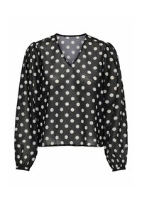 Blouse noire transparente avec des pois blancs, manches longues bouffantes, col en V et poignets ajustés.
