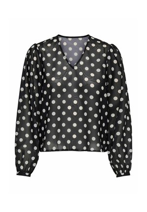 Zwarte doorschijnende blouse met witte stippen, lange pofmouwen, V-hals en fitted manchetten.