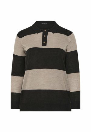 Jersey tipo polo de manga larga con amplias franjas horizontales en negro y beige, tres botones marrones y un cuello negro.