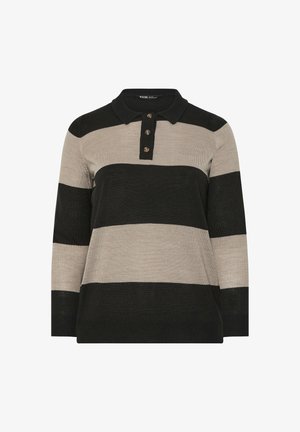 Pull polo à manches longues avec larges rayures horizontales noires et beiges, trois boutons marron et un col noir.