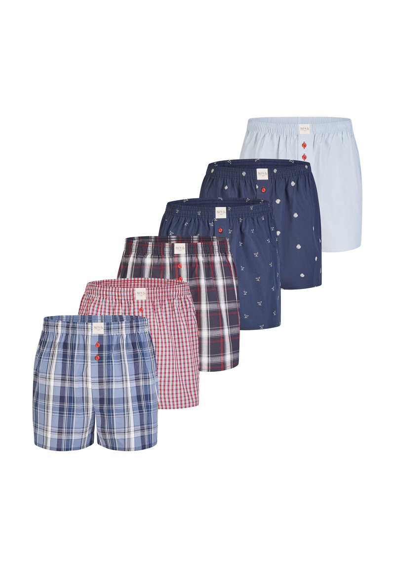 Una collezione di sei paia di boxer da uomo presenta vari modelli: a quadri, a tinta unita e stampati. I colori includono blu, rosso e bianco.