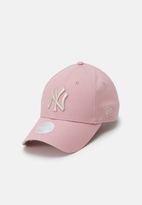 Pink baseball cap made of fabric, featuring a white embroidered logo on the front, a curved visor, and a fitted design.