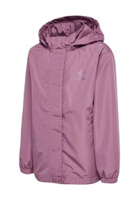 Paarse lichtgewicht jas met een capuchon, elastische manchetten, volledige rits aan de voorkant en een logo op de borst, gemaakt van glad waterdicht materiaal.