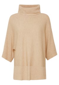 Maglione a coste beige con collo alto, maniche corte e vestibilità morbida. Presenta una texture a coste orizzontali e un orlo dritto.