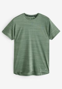 Grøn kortærmet t-shirt, lavet af et tekstureret stof med et subtilt stribet mønster, med en rund halsudskæring og en let buet kant.
