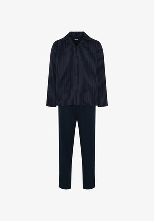 Gestreepte pyjama-set met een blouse met knopen in navy, rood en groene verticale lijnen, gecombineerd met effen navy broeken. Zachte stof.