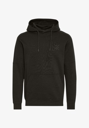 Mørk svart hettegenser laget av bomull, med en lomme foran, justerbar snor i hetten, og en subtil logo-trykk på brystet.