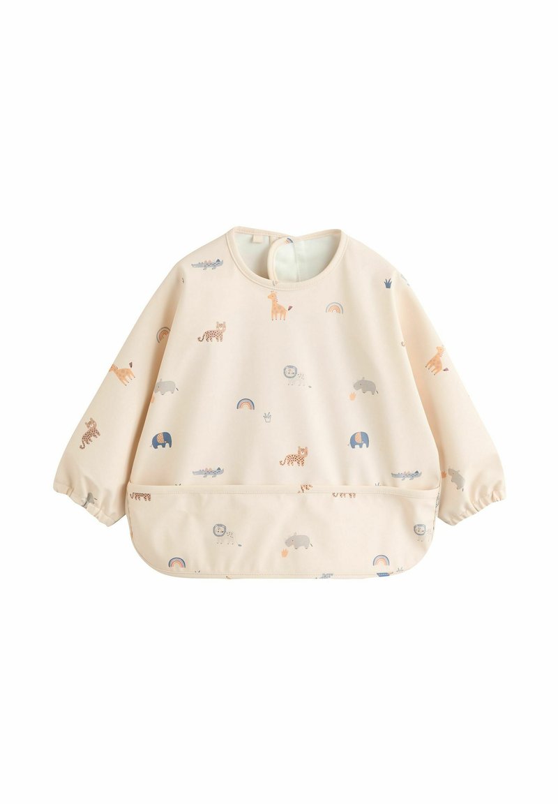 Tunica per bambini di un leggero beige con maniche elastiche, caratterizzata da vivaci stampe di animali e motivi arcobaleno. Include una tasca frontale.