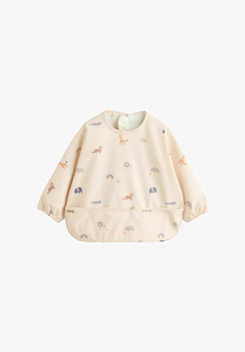 Tunica per bambini di un leggero beige con maniche elastiche, caratterizzata da vivaci stampe di animali e motivi arcobaleno. Include una tasca frontale.