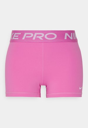 Pink athletic shorts with a wide gray Nike Pro waistband. Made of smooth, stretchy material with flat seams and a small Nike logo.