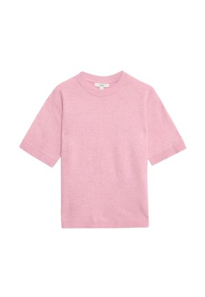 Różowy krótki sweter z dzianiny z krótkimi rękawami, okrągłym dekoltem i prążkowymi krawędziami, o gładkiej fakturze i luźnym kroju.