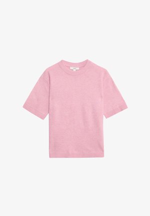 Różowy krótki sweter z dzianiny z krótkimi rękawami, okrągłym dekoltem i prążkowymi krawędziami, o gładkiej fakturze i luźnym kroju.