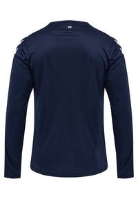 Langearm, marineblauw sportshirt gemaakt van gladde stof. Het heeft een logodetail op de achterkant en contrasterende accenten op de schouders.