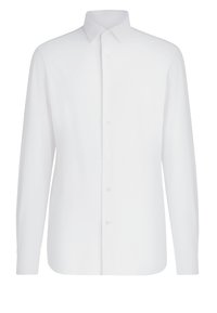 Chemise blanche à manches longues en coton, avec un devant à boutons, un col classique, un ourlet droit et un design de poignet standard.