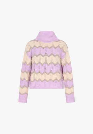 Adīta džemperis ar lilac krāsu, dekorēts ar krēmīgu zigzaga rakstu un smalkiem metāliskiem akcentiem. Augsts apkakle un garas piedurknes.