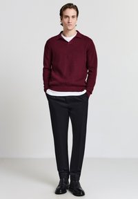 Maglione a maglia bordeaux con colletto, indossato sopra una camicia bianca, abbinato a pantaloni neri affusolati e scarpe nere. Texture liscia.