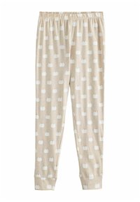 Beige pyjamabroek met een zachte textuur, voorzien van een geheel over witte pompoenprint en een elastische tailleband, taps toelopend bij de boorden.