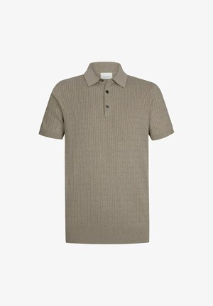 Kurzärmeliges Poloshirt in hellem Beige mit einer gerippten Struktur, einem Kragen und einer dreiknöpfigen Knopfleiste. Weicher, gestrickter Stoff.