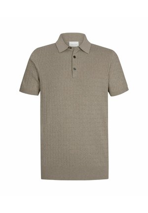 Koszulka polo z krótkim rękawem w jasnobeżowym kolorze, z żeberkowaną fakturą, kołnierzykiem i trzema guzikami. Miękka, dzianinowa tkanina.