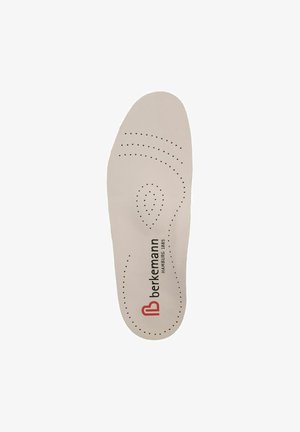 Beige Berkemann shoe insole with perforated ventilation holes and branded text "berkemann HAMBURG 1885" in black and red.