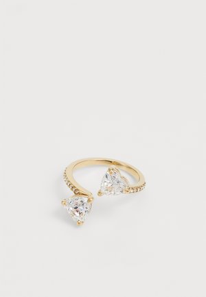 Gold-tone ring featuring two triangular clear stones, with a textured band accented by small crystals for additional sparkle.