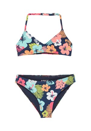 Dwuczęściowy zestaw bikini z regulowanymi ramiączkami, ozdobiony kolorowym tropikalnym wzorem kwiatowym na ciemnoniebieskim tle.