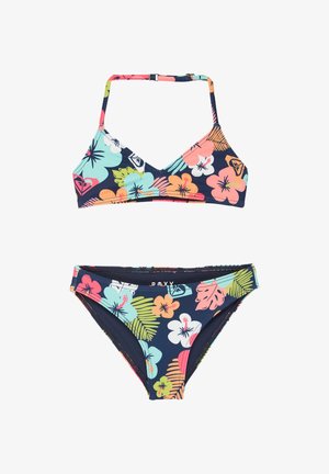 Dwuczęściowy zestaw bikini z regulowanymi ramiączkami, ozdobiony kolorowym tropikalnym wzorem kwiatowym na ciemnoniebieskim tle.