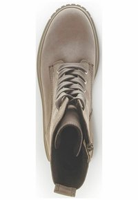Brown suede ankle boot with round toe, lace-up front, and side zip. Features rubber sole and padded collar for comfort.