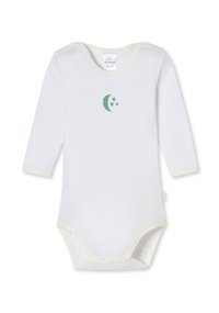 Vit långärmad baby body med ljusgräddiga detaljer, prydd med en grön måne och stjärnor på bröstet. Tillverkad av mjukt bomullsmaterial.