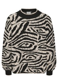 Zwart-wit gestreepte trui met een ronde hals en uitlopende mouwen. Gemaakt van zacht gebreide stof, met een gedurfde zebra-print overal.