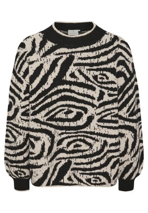Black and white striped sweater with a crew neck and puffed sleeves. Made of soft knit fabric, featuring a bold zebra pattern throughout.