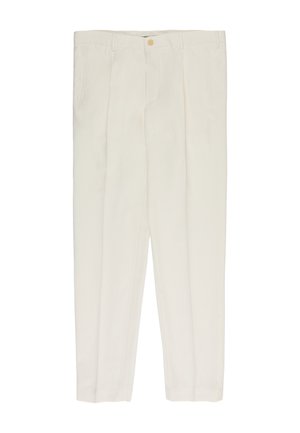 Beżowe, dopasowane spodnie z przodu zapinane na guzik i suwak, z bocznymi kieszeniami z rozcięciami oraz wyprasowanymi kantami na każdej nogawce.