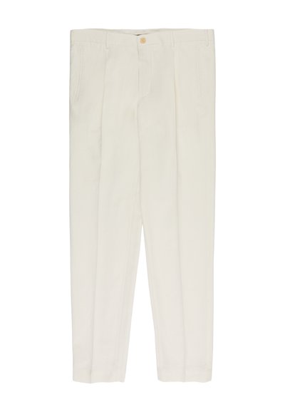 Beige, maßgeschneiderte Hose mit vorderem Knopf- und Reißverschluss, seitlichen Schlitz Taschen und gebügelten Bügelfalten an jedem Bein.