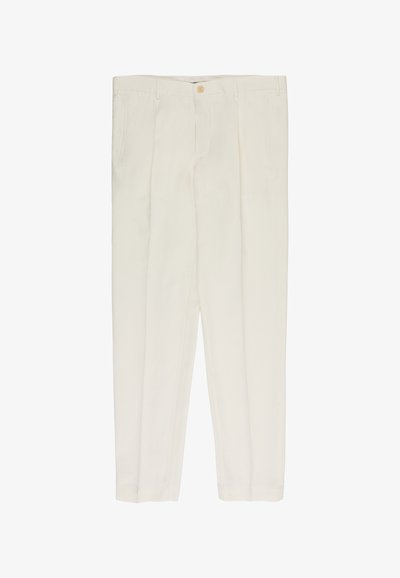 Beige, maßgeschneiderte Hose mit vorderem Knopf- und Reißverschluss, seitlichen Schlitz Taschen und gebügelten Bügelfalten an jedem Bein.