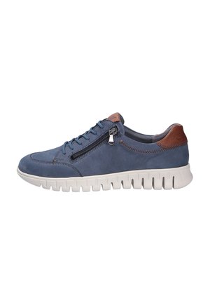 Blue leather sneaker with a textured surface, featuring a brown accent at the heel, laces, and a side zipper on a white, ridged sole.