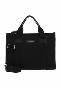 Sac à main noir en tissu texturé avec des accents en cuir élégant. Dispose de poignées supérieures et d'une bandoulière réglable pour des options de transport polyvalentes.