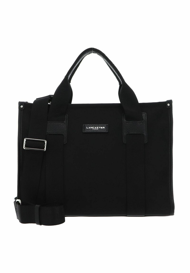 Sac à main noir en tissu texturé avec des accents en cuir élégant. Dispose de poignées supérieures et d'une bandoulière réglable pour des options de transport polyvalentes.