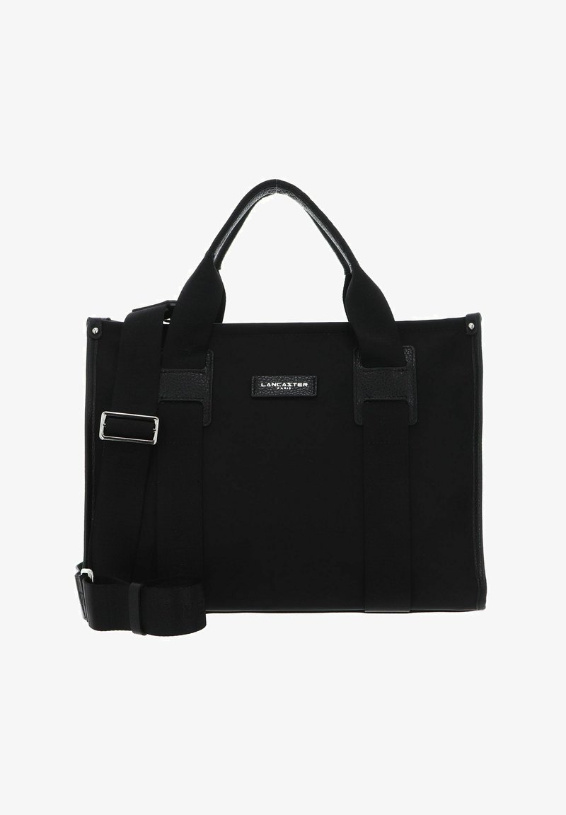 Borsa nera realizzata in tessuto texturizzato con eleganti dettagli in pelle. Presenta manici superiori e una tracolla regolabile per opzioni di trasporto versatili.