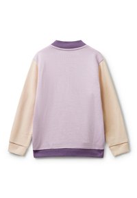 Sudadera de manga larga con cuerpo de color púrpura claro, mangas beige y cuello y dobladillo de canalé en púrpura más oscuro, vista desde la parte de atrás.